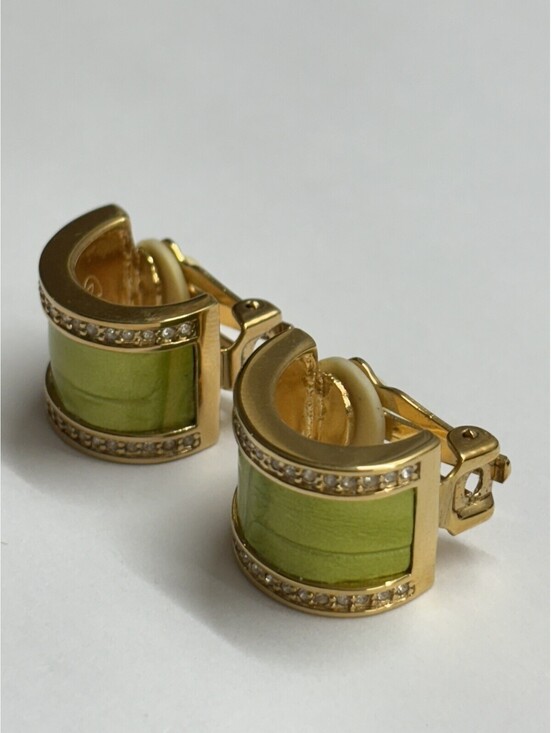 Monet Jewelry - Vtg Joan Rivers green Enamel Crystal clip on Half Hoop Earrings